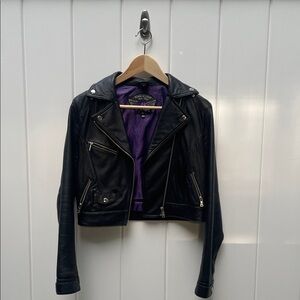 Stylish Knoles & Carter Black Leather Jacket with Purple Lining